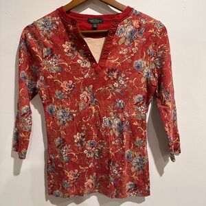 LAUREN RALPH LAUREN 100% Cotton Red Floral 3/4 Length Shirt Size XS